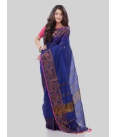 DESH BIDESH Women`s Cotton Handloom Cotton Silk Saree Gulab Work With Blouse Piece(Deep Blue)